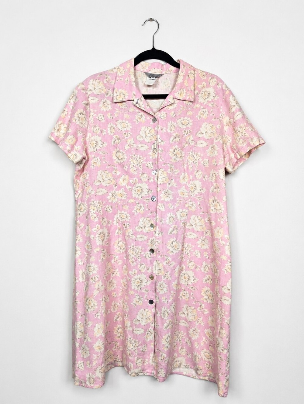 Stonebridge Pink Floral 100% Linen Shirt Dress Y2K Cottagecore Button Front 14